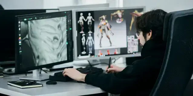 Mighty Koi artist sitting at the desk and working on an assignment