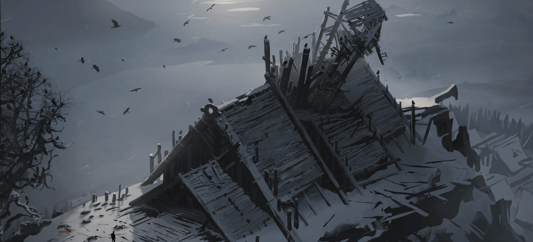 Concept art for "The Night Wanderer" game - a wooden hall on a top of a hill, looking half-built