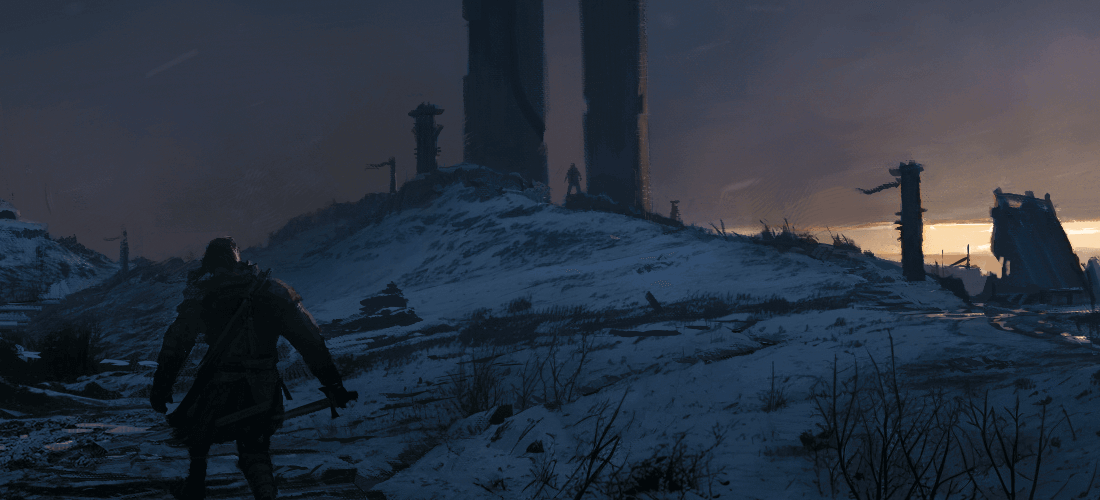 Concept art gry "Nocny Wędrowiec" - dwa obeliski na ośnieżonym wzgórzu otoczone namiotami 