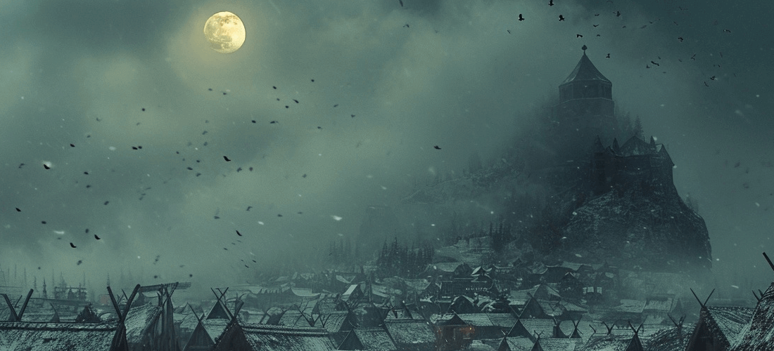Concept art gry "Nocny Wędrowiec" - twierdza wnosząca się ponad nordycką wioską podczas pełni księżyca